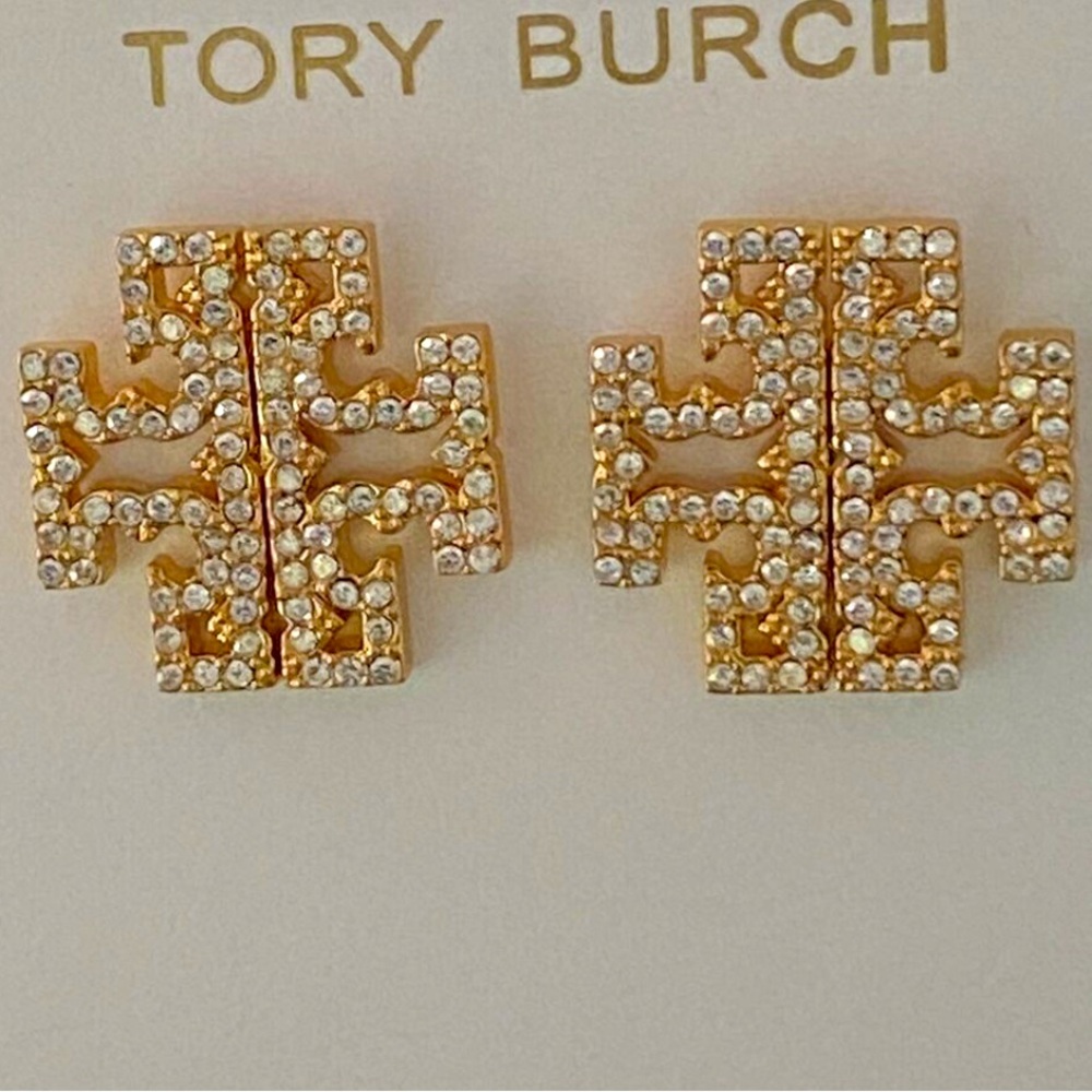 NWT AUTHENTIC TORY BURCH BRITTEN PAVE GOLD STUD‎ EARRING NEW WITH POUCH - Picture 3 of 6